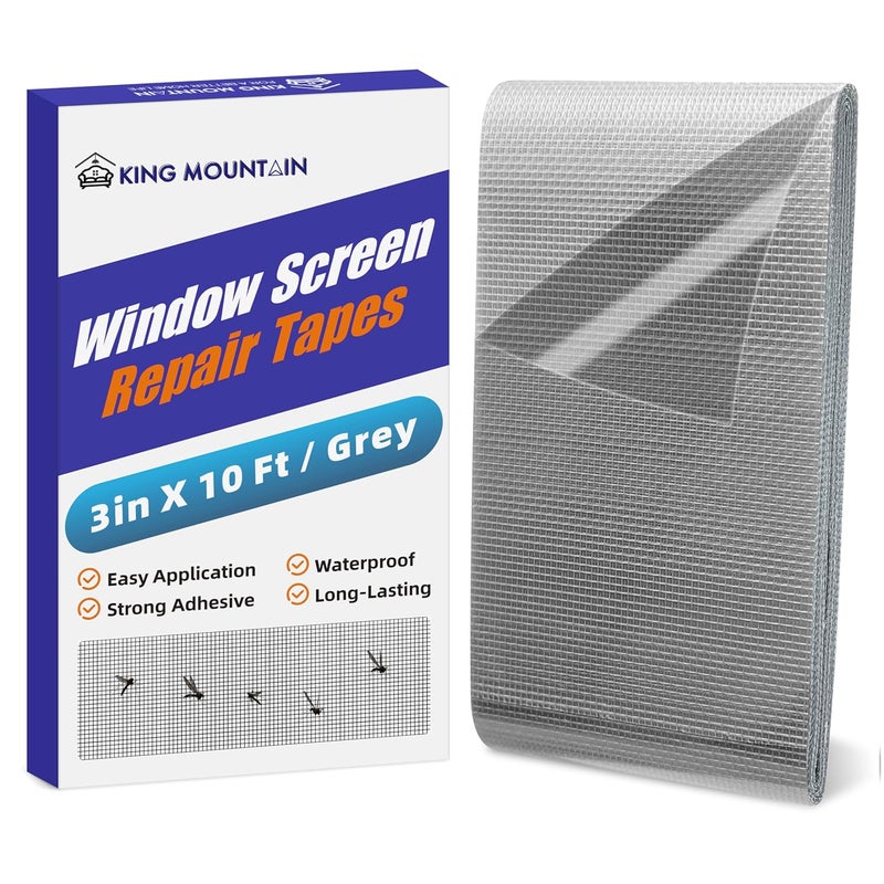 KING MOUNTAIN Grey Window Screen Repair Tape,3inX10FT Heavy Duty Screen Repair Kit for Window Screen and Screen Door,Strong Adhesive & Waterproof Window Screen Patch - Image 1